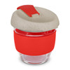 A drink bottle made of clear glass with a grey lid and a red silicone band around the middle.