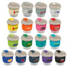 A drink bottle collection featuring various coloured silicone sleeves and clear glass bodies, each with a lid.