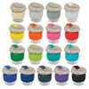 A drink bottle collection featuring various colours with clear bases and textured lids. Each bottle has a logo.