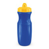 A drink bottle in blue with a yellow screw-on lid, featuring a textured grip and a logo.