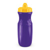 A drink bottle in purple with a yellow lid, featuring a curved design and a logo.