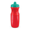 A drink bottle in bright red with a teal lid, featuring a textured grip and a logo.
