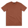A plain, rust-coloured T-shirt with short sleeves and a round neck. It features a logo on the label.
