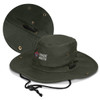 An olive green oilskin wide brim hat with ventilation holes and a chin strap, featuring a logo.