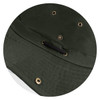 A wide-brim hat in a deep green colour featuring brass eyelets and a drawstring for adjustment.