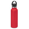 A drink bottle in vibrant red with a black carry lid and stainless steel detail. It features a sleek design and branding.