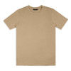 A beige unisex T-shirt with a round neckline and short sleeves, featuring a logo on the label.