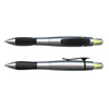 A silver and black duo pen with a highlighter feature, showcasing a sleek design and ergonomic grip.
