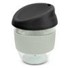 A drink bottle featuring a clear body with a grey silicone band and a black lid. It has a logo.