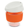 A drink bottle featuring a clear body, orange band, and a white lid, designed as a reusable coffee cup.