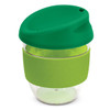 A drink bottle with a clear body, green lid, and green silicone sleeve, featuring a logo.