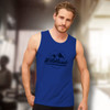 A blue tank top featuring a logo and a mountain graphic design, modelled by a man indoors.