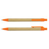 A Kraft pen with an orange plastic tip and clip, featuring a brown paper barrel and a logo.