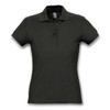 A dark green women's polo shirt with a collared neckline and buttoned placket, featuring a logo.