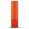 An orange lip balm tube with a transparent design and a twist-up applicator. It features a logo.
