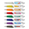 An assortment of eight plastic pens in various colours, each featuring a logo or branding on the barrel.