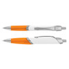 An orange and white plastic pen featuring a silver clip and accents. The pen has a sleek, modern design.
