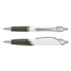 A white and olive green plastic pen with a silver clip and trim, featuring a sleek design.