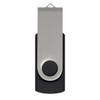 A black and silver Helix 4GB flash drive with a metallic clip and a circular button, featuring a branding logo.