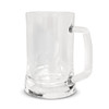 A clear glass beer mug with a sturdy handle and a wide base, designed for serving beer.