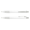 A plastic pen in white with silver accents and a clip, featuring a sleek, modern design.