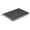 A notebook with a sleek dark cover, featuring an elastic band closure and blank inner pages.
