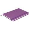 A purple Omega Notebook with a smooth cover and elastic band closure, featuring white pages inside.