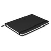 A sleek black Omega Notebook with a sturdy cover and elastic band closure, featuring blank pages inside.