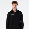 A black unisex sweatshirt featuring a half-zip and a small logo on the chest.