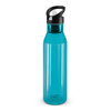 A drink bottle in a translucent turquoise color with a black cap and spout.