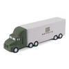 A stress toy shaped like a green and white truck, featuring a logo on the side.