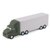 A stress truck toy in green and white, resembling a large transport vehicle, with six wheels and a simple design.