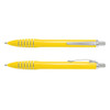 A yellow plastic pen featuring a silver clip and accents, presented from two angles.