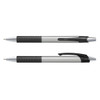 A pen featuring a silver barrel with a black grip and accent, including a logo.