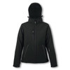 A black women's softshell jacket with a hood, featuring multiple zip pockets and a fitted design.