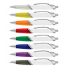 A collection of eight plastic pens in various bright colours, each featuring a metallic clip and a branded design.