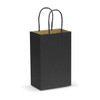 A small black paper carry bag with twisted black handles and a kraft paper interior.