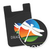 A black silicone phone wallet featuring a logo and a colourful dragonfly design on a circular background.