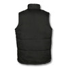 A black unisex vest with a padded design, featuring a high collar and no sleeves. It has a branded logo.