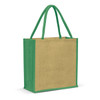 A jute tote bag featuring a natural brown body and green handles, designed for everyday use.