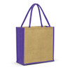 A jute tote bag in natural beige with purple handles and trim, featuring a small logo on one side.