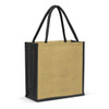 A jute tote bag in a natural tone with black handles and edges, featuring a logo on one side.