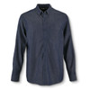 A men's button-up shirt in dark denim with a chest pocket and long sleeves. Includes a logo.