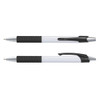 A white barrel plastic pen with black rubber grip and silver accents, featuring a clip and a logo.