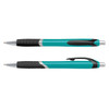 A teal plastic pen with a black grip and silver accents, featuring smooth lines and a sleek design.