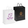 A medium laminated carry bag in white with purple logo and a black bag with gold logo, featuring sturdy handles.