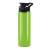 A drink bottle in bright green with a black snap cap and a sleek design. It features a logo on the side.