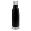 A drink bottle with a sleek black exterior and a silver cap, featuring a stainless steel base for durability.