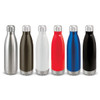A drink bottle collection featuring stainless steel, brown, white, red, blue, and black finishes, each with a metallic cap.