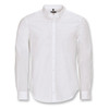 A white long sleeve button-up shirt with a classic collar and a logo on the upper left side.